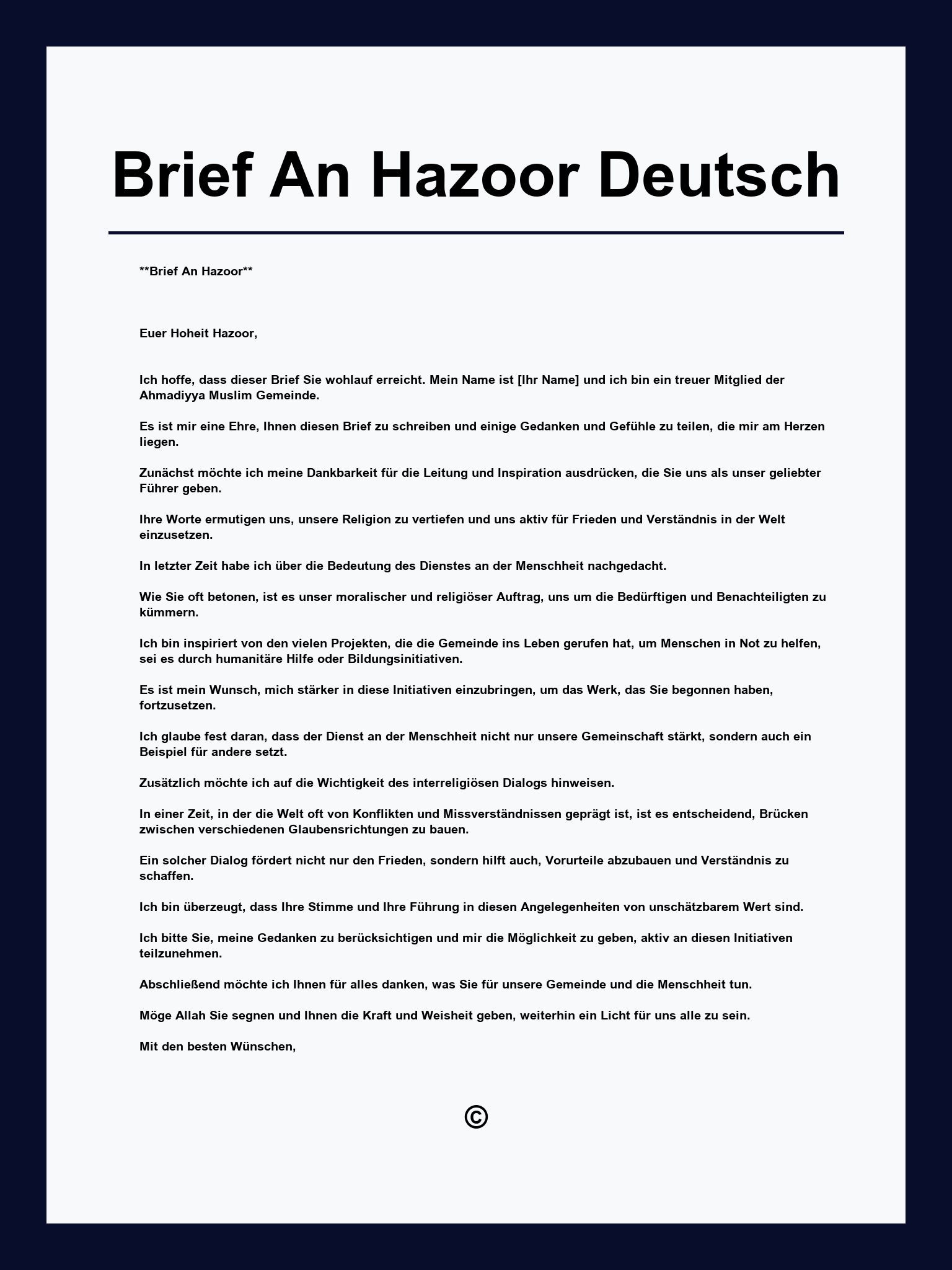 Brief An Hazoor Deutsch Vorlage