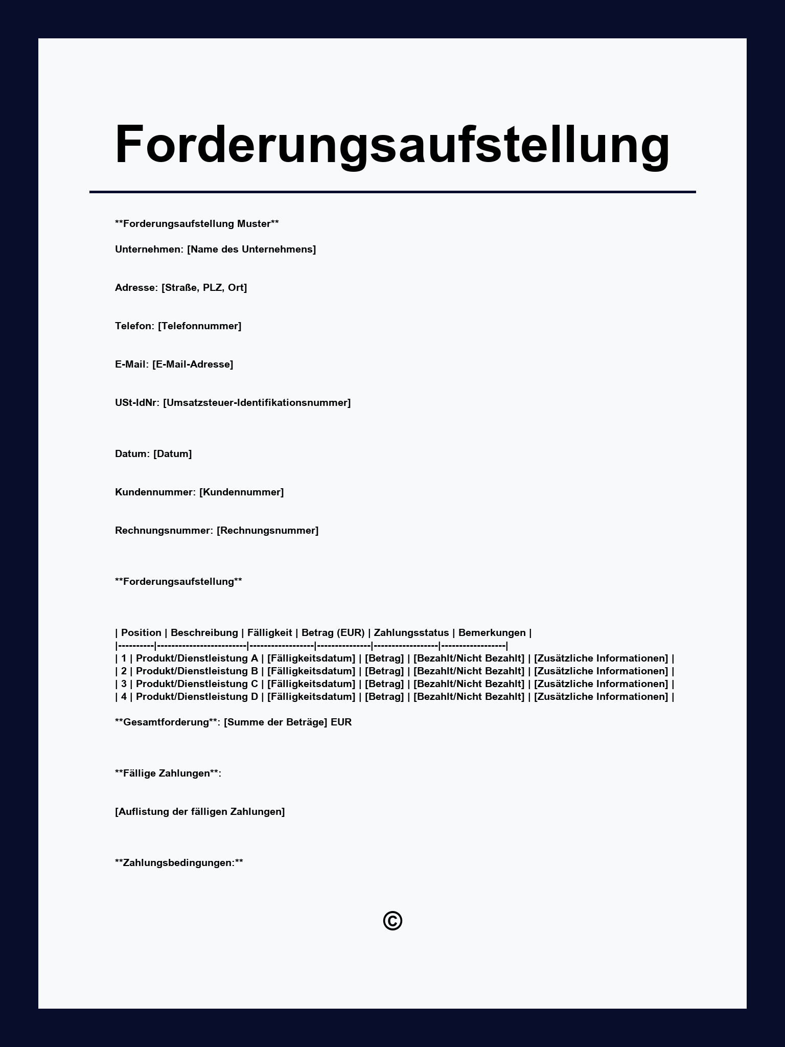 Forderungsaufstellung Muster