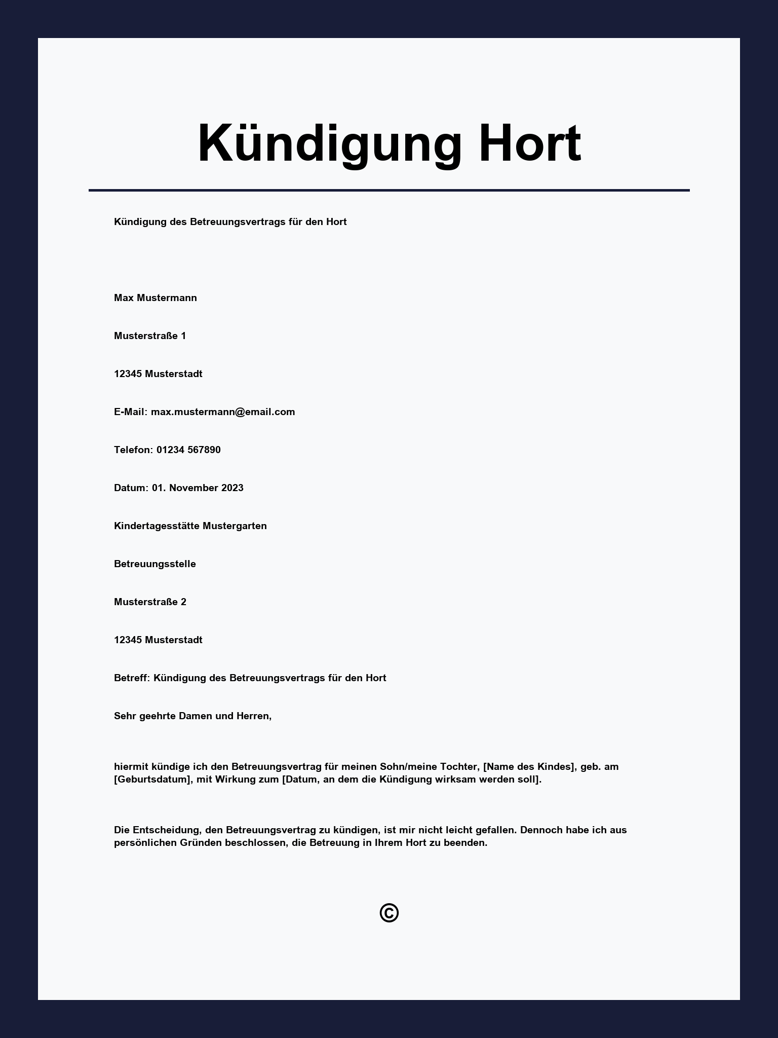 Kündigung Hort Muster