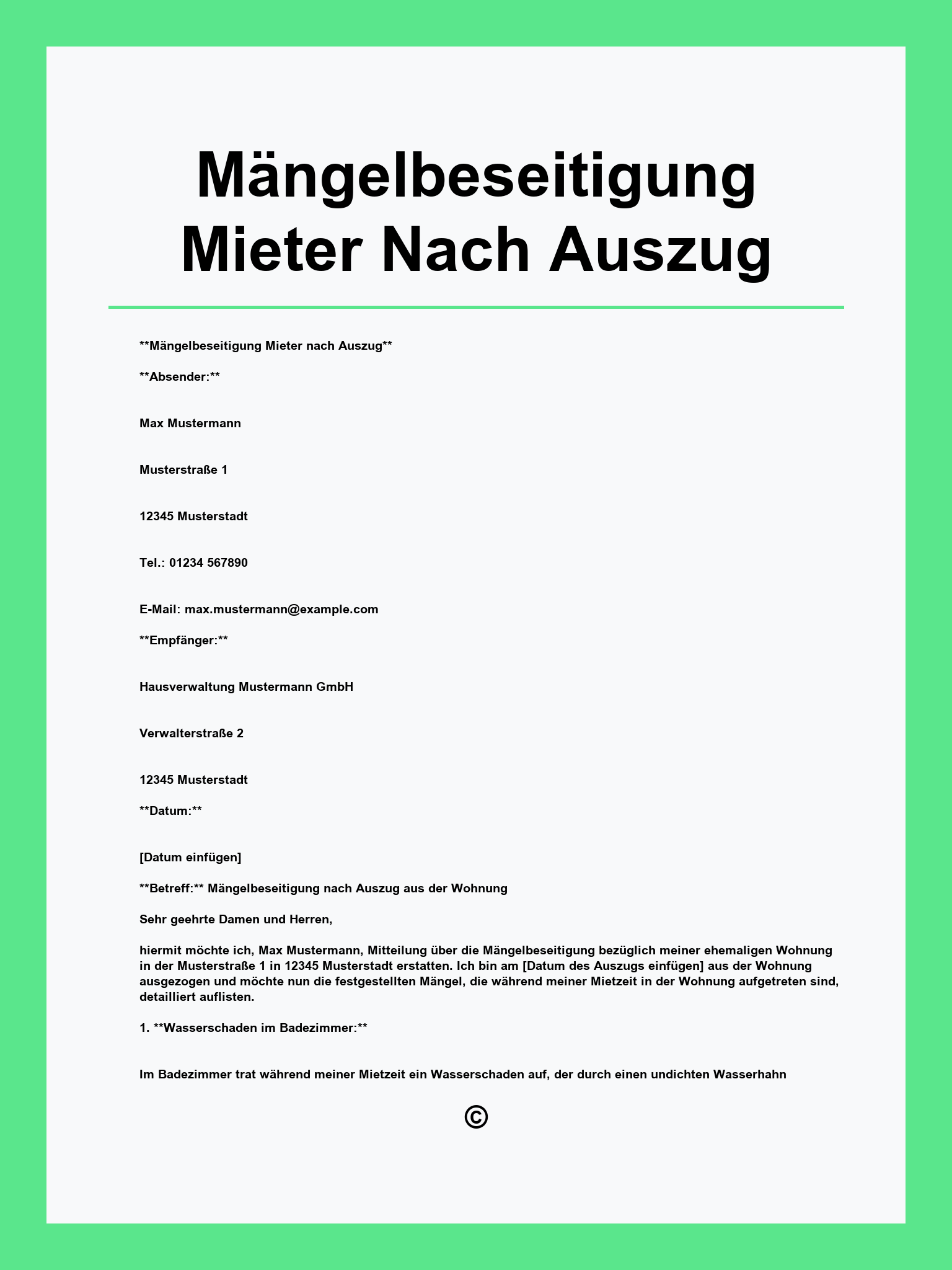 Mängelbeseitigung Mieter Nach Auszug Muster