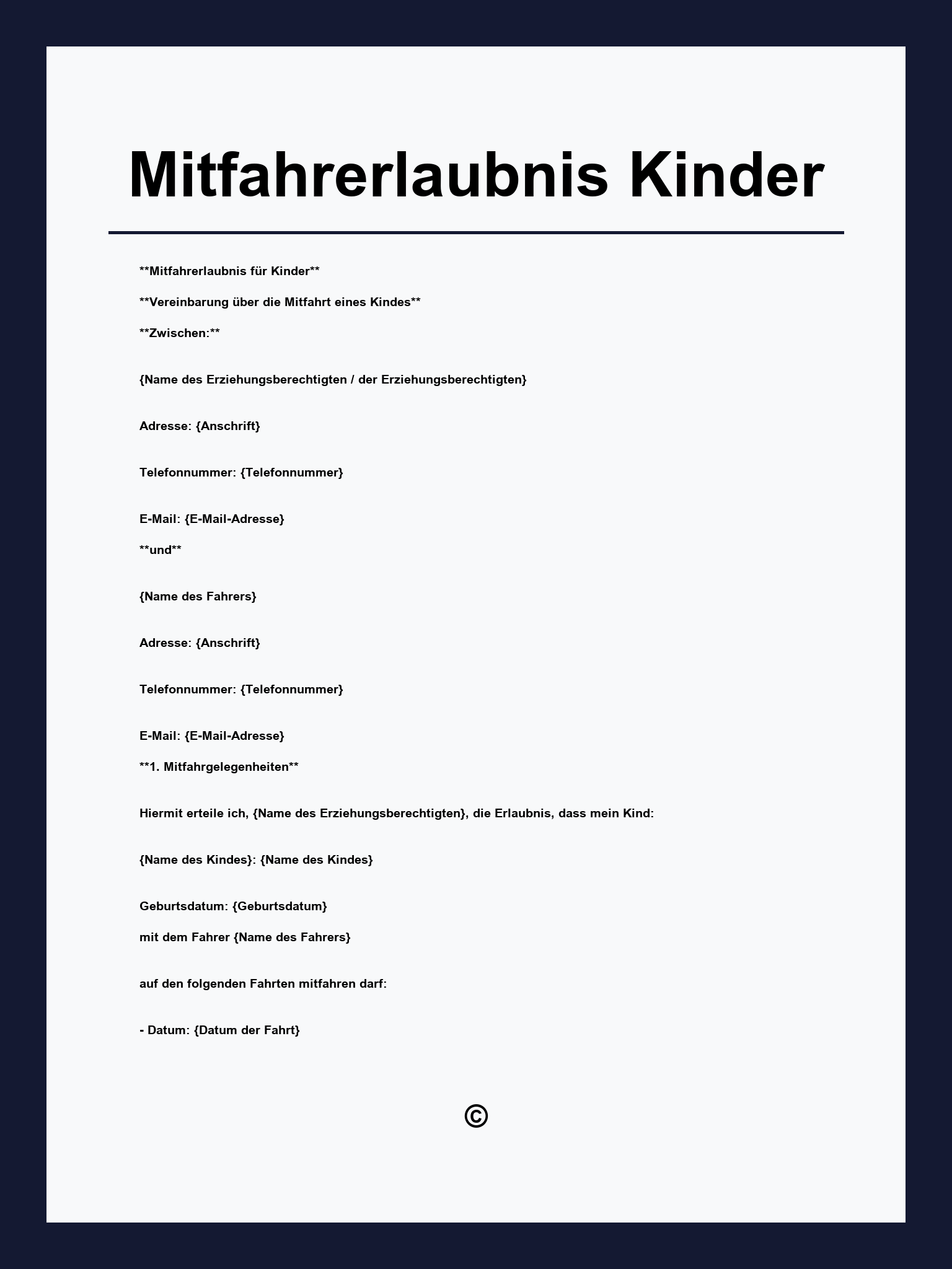 Mitfahrerlaubnis Vordruck Kinder