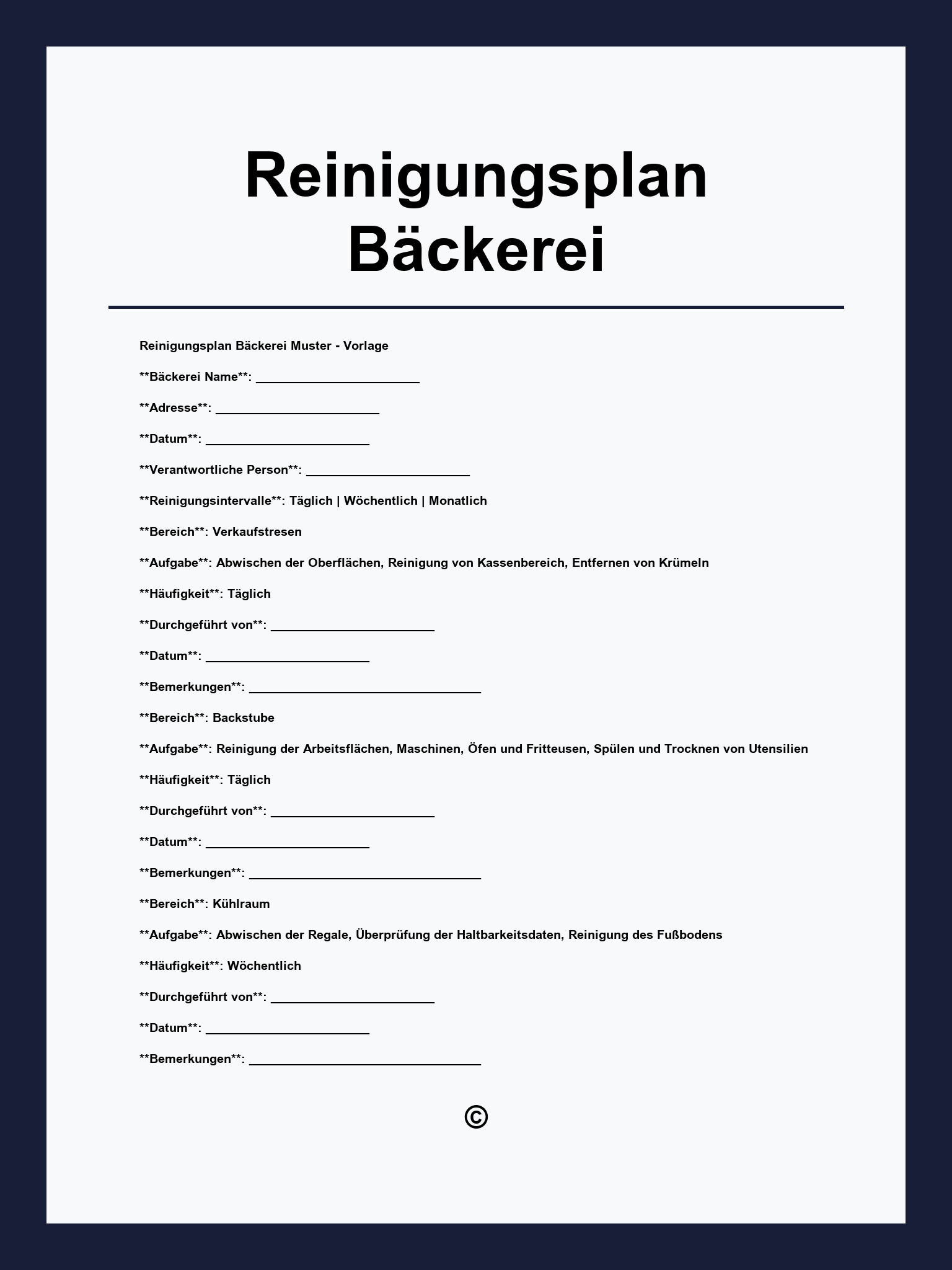 Reinigungsplan Bäckerei Vorlage