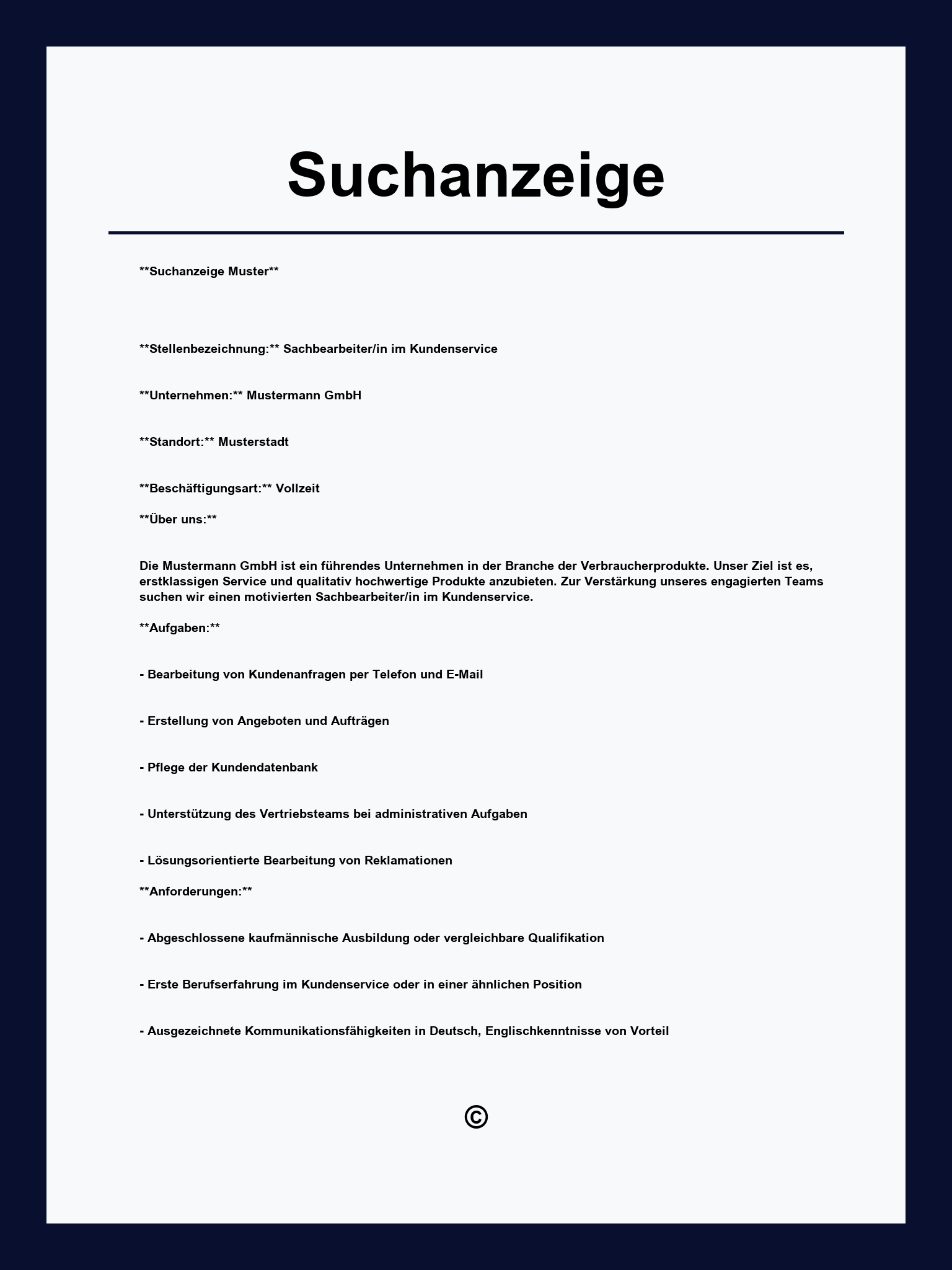 Suchanzeige Vorlage