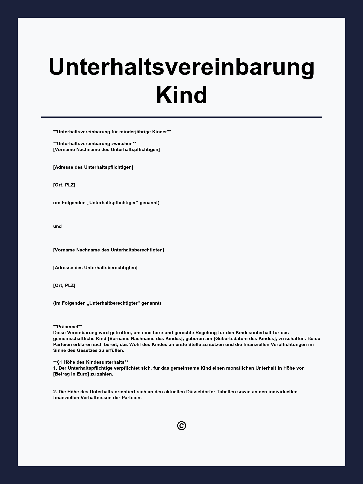 Unterhaltsvereinbarung Kind Vorlage